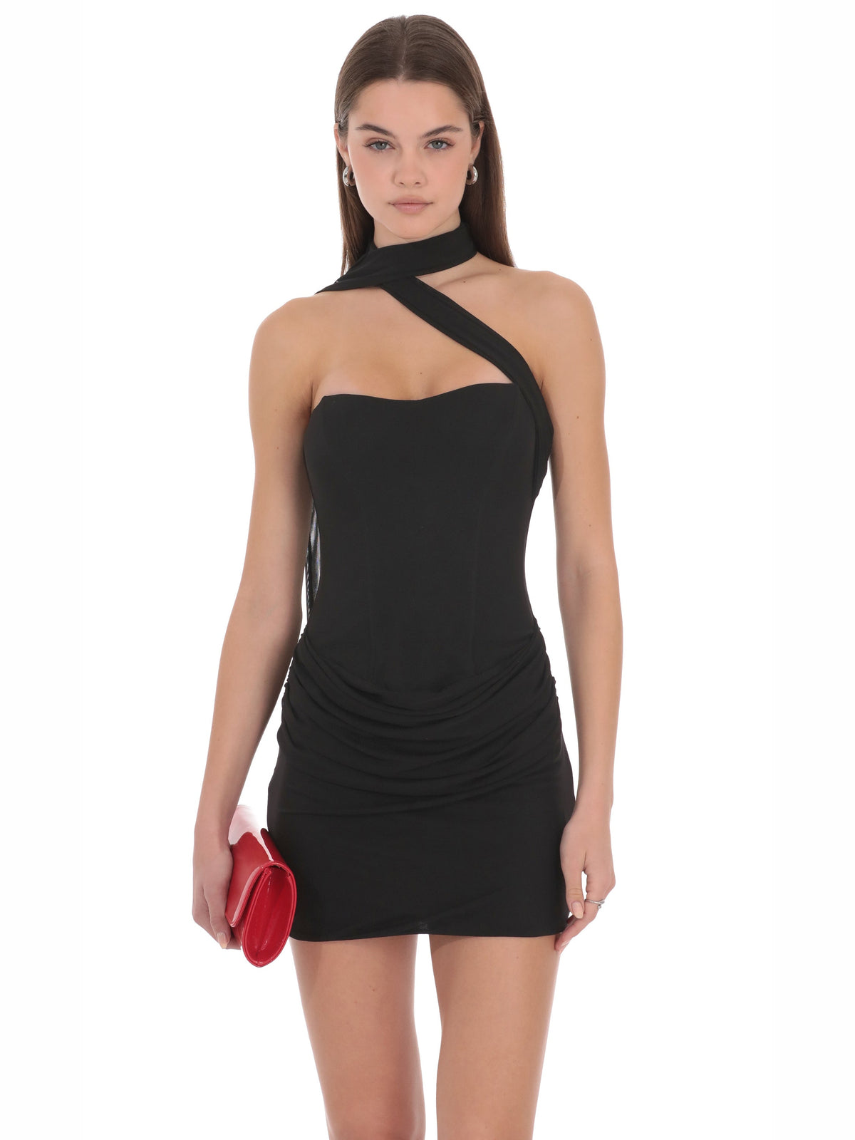 Black homecoming dress with structured woven fabric construction and mini hem