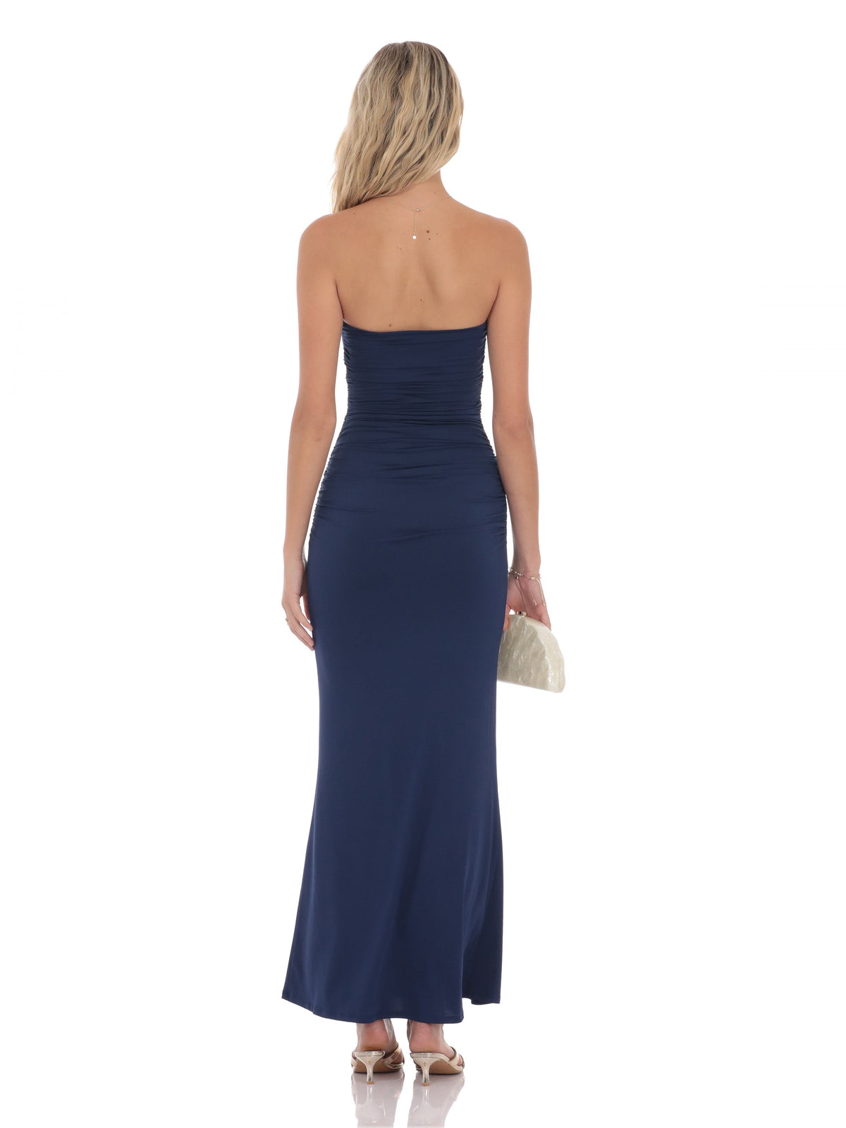 Navy bridesmaid dress with structured woven fabric construction and maxi hem