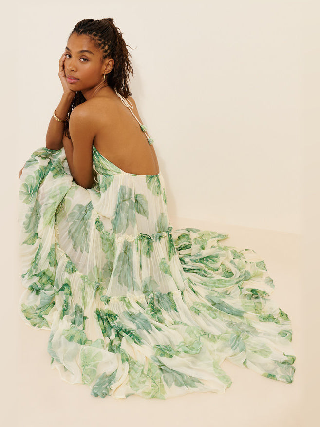 Green Palm Print maxi formal dress, alternate full-length view showing the waistline