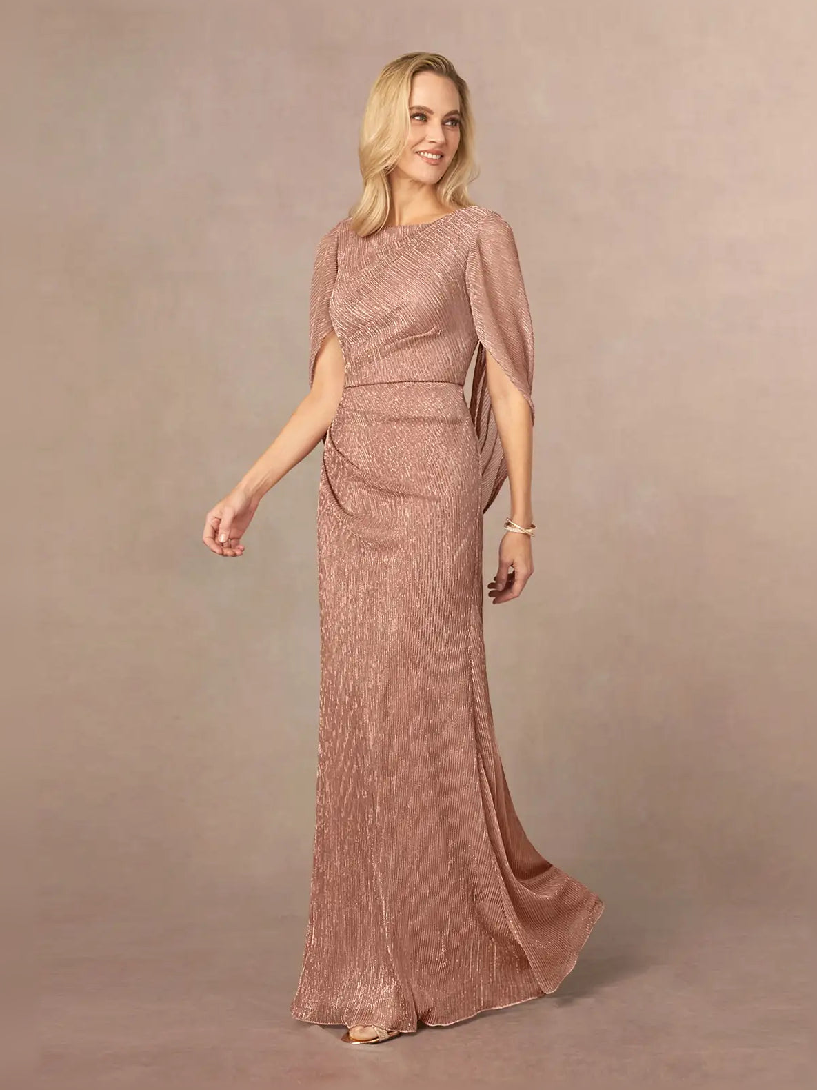 Rose-gold ruched pleated scoop-neck maxi dress with draped waist and short sleeves