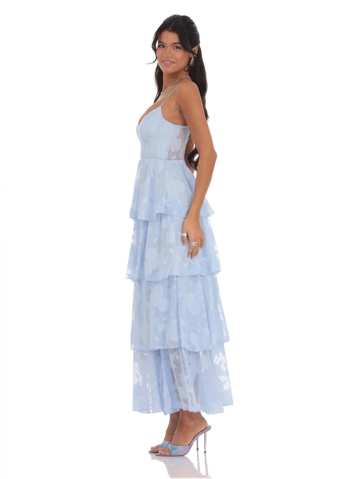 Sky Blue bridesmaid dress with structured woven fabric construction and maxi hem