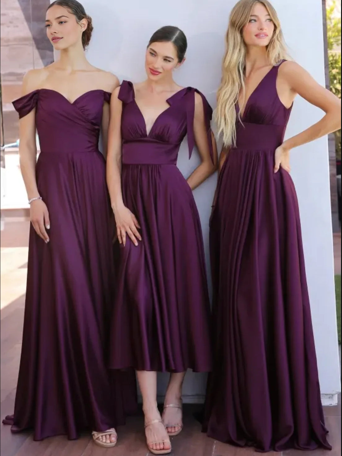 Plum off-shoulder satin A-line dress with gathered waist, midi length