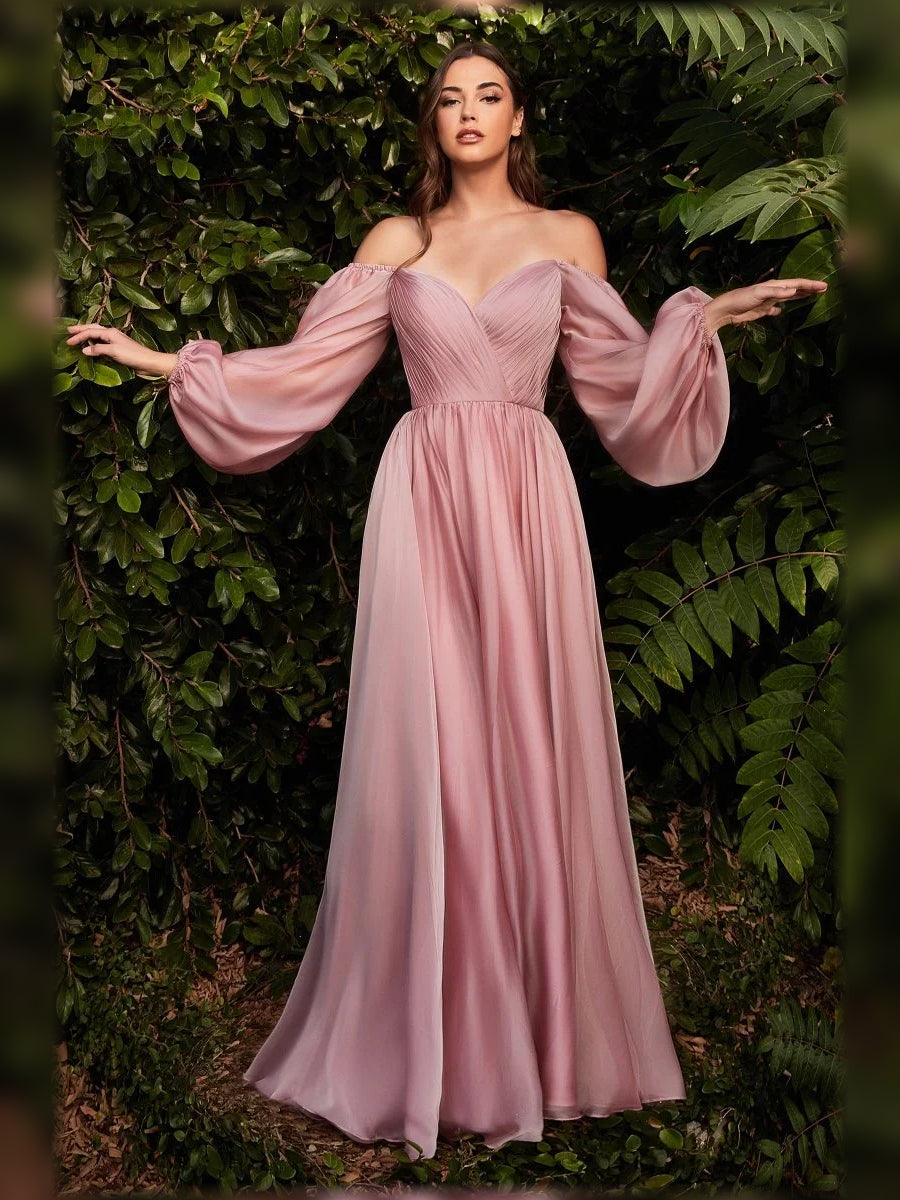 Dusty pink sweetheart long-sleeve formal dress with pleated bodice and flowing maxi skirt