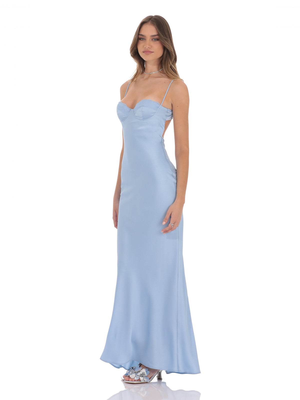 Light Blue bridesmaid dress with satin construction and maxi hem
