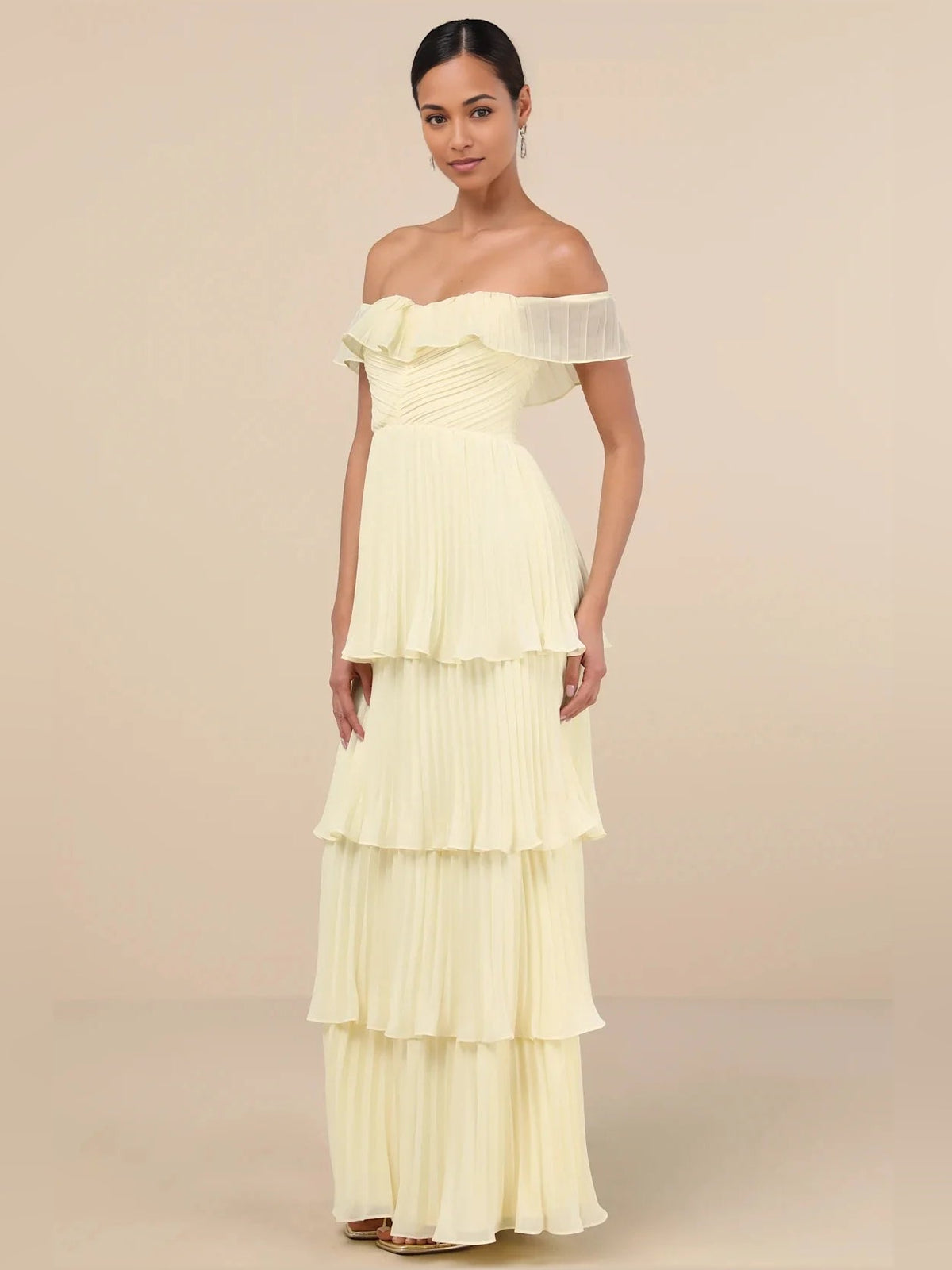 Off-shoulder tiered A-line maxi dress in pale yellow with off-shoulder ruffle top