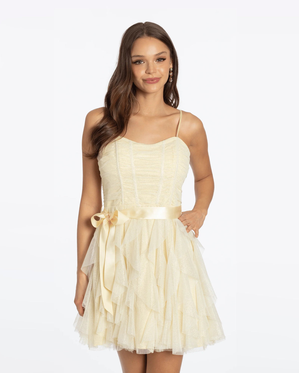 Butter spaghetti-strap fit-and-flare homecoming dress with tiered ruffles and waist bow