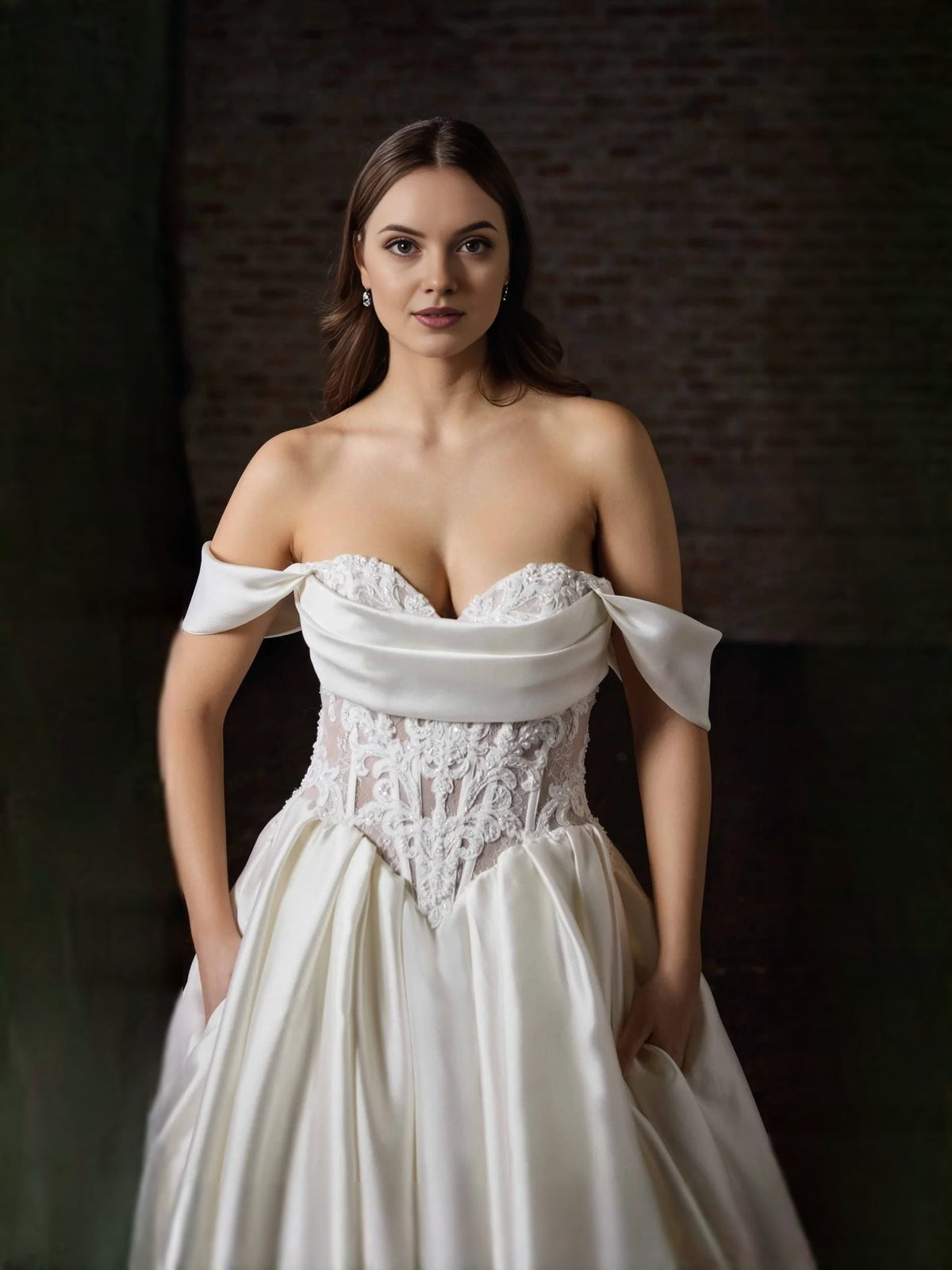 Ivory satin sweetheart corset wedding dress with off-shoulder sleeves and lace bodice