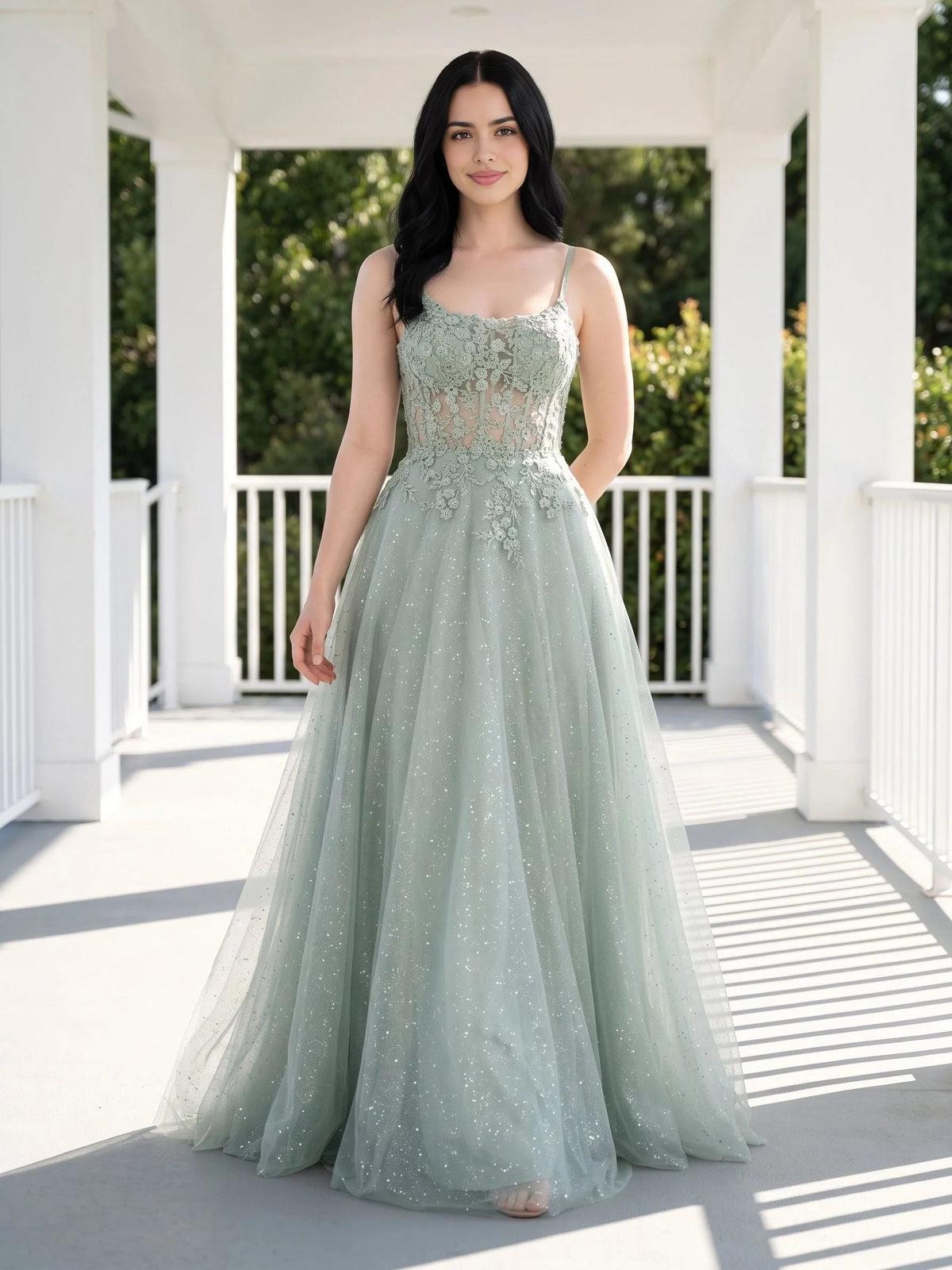Sage green floral glitter scoop-neck A-line maxi tulle dress with spaghetti straps