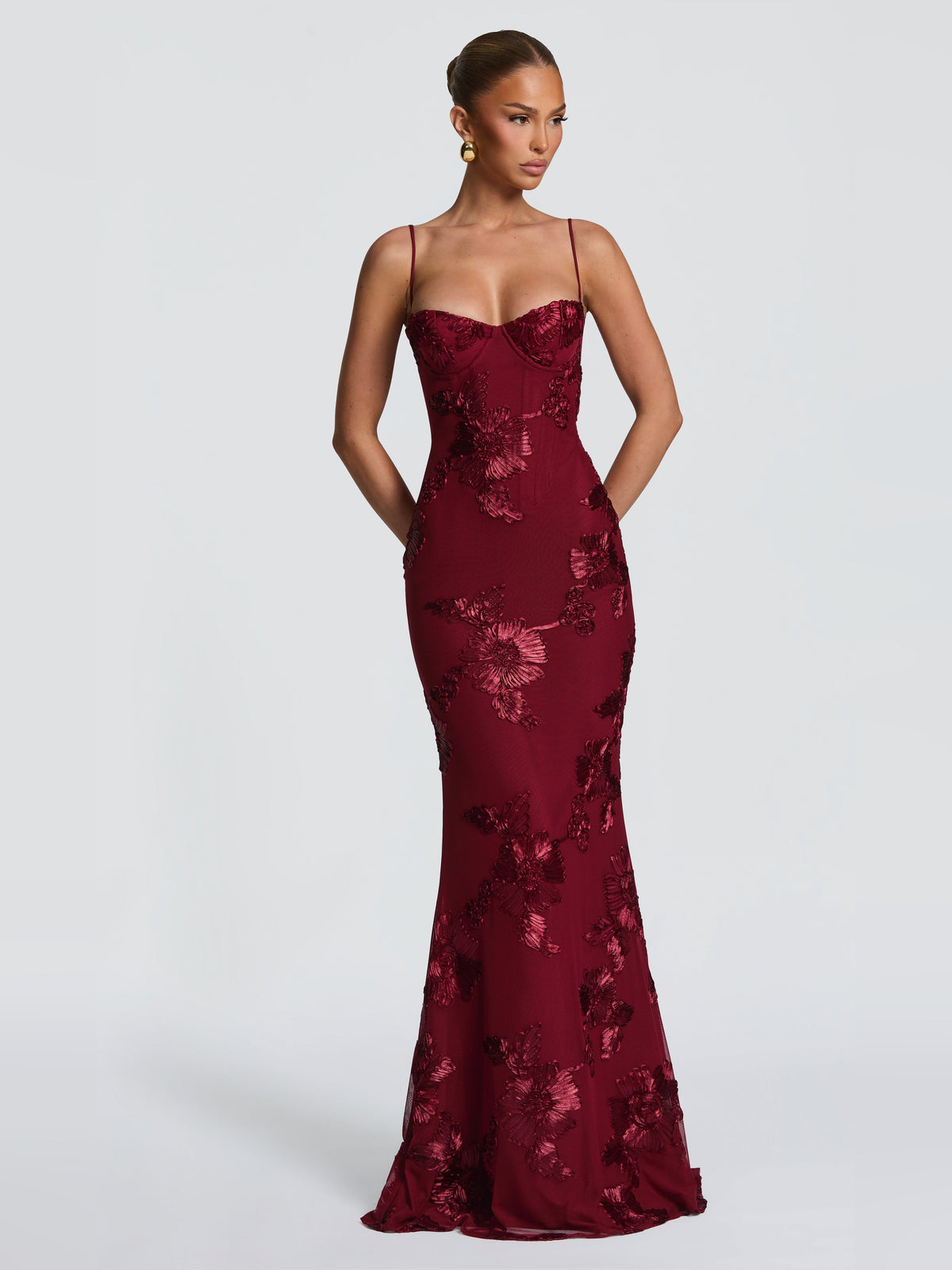 Burgundy mermaid maxi formal dress with corset-style bodice, alternate full-length view
