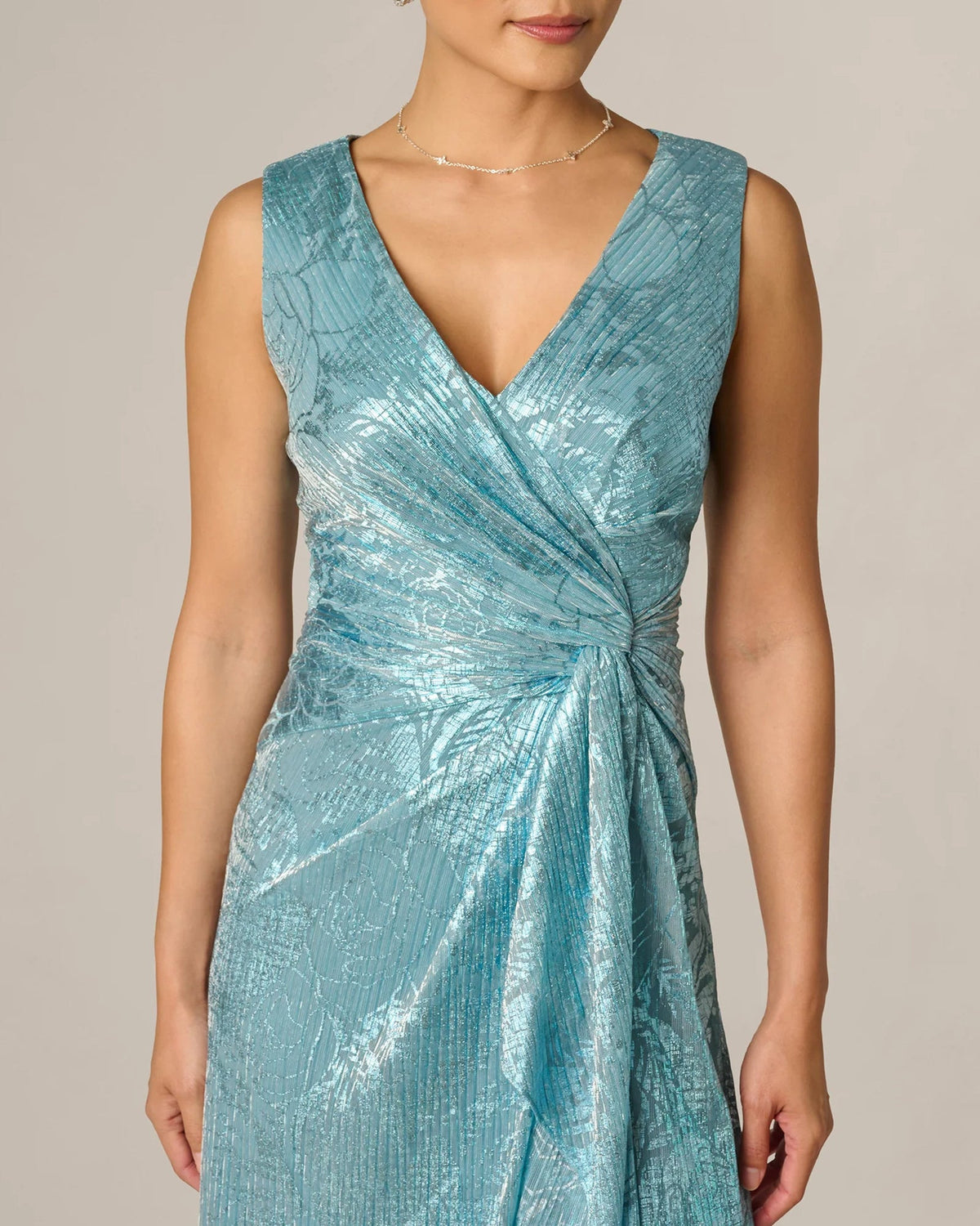 Teal floral print draped V-neck maxi dress with ruched waist detail