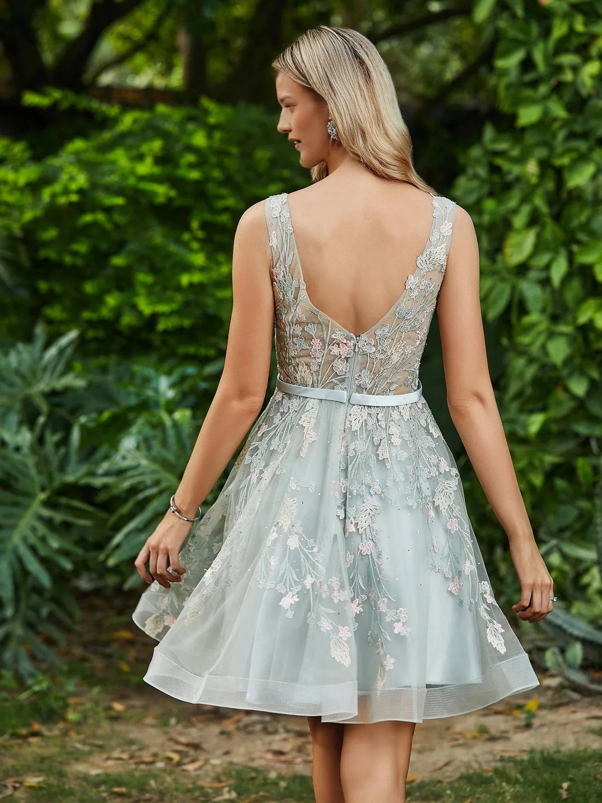 Sage green floral embroidered mini dress with open-back V detail and A-line skirt