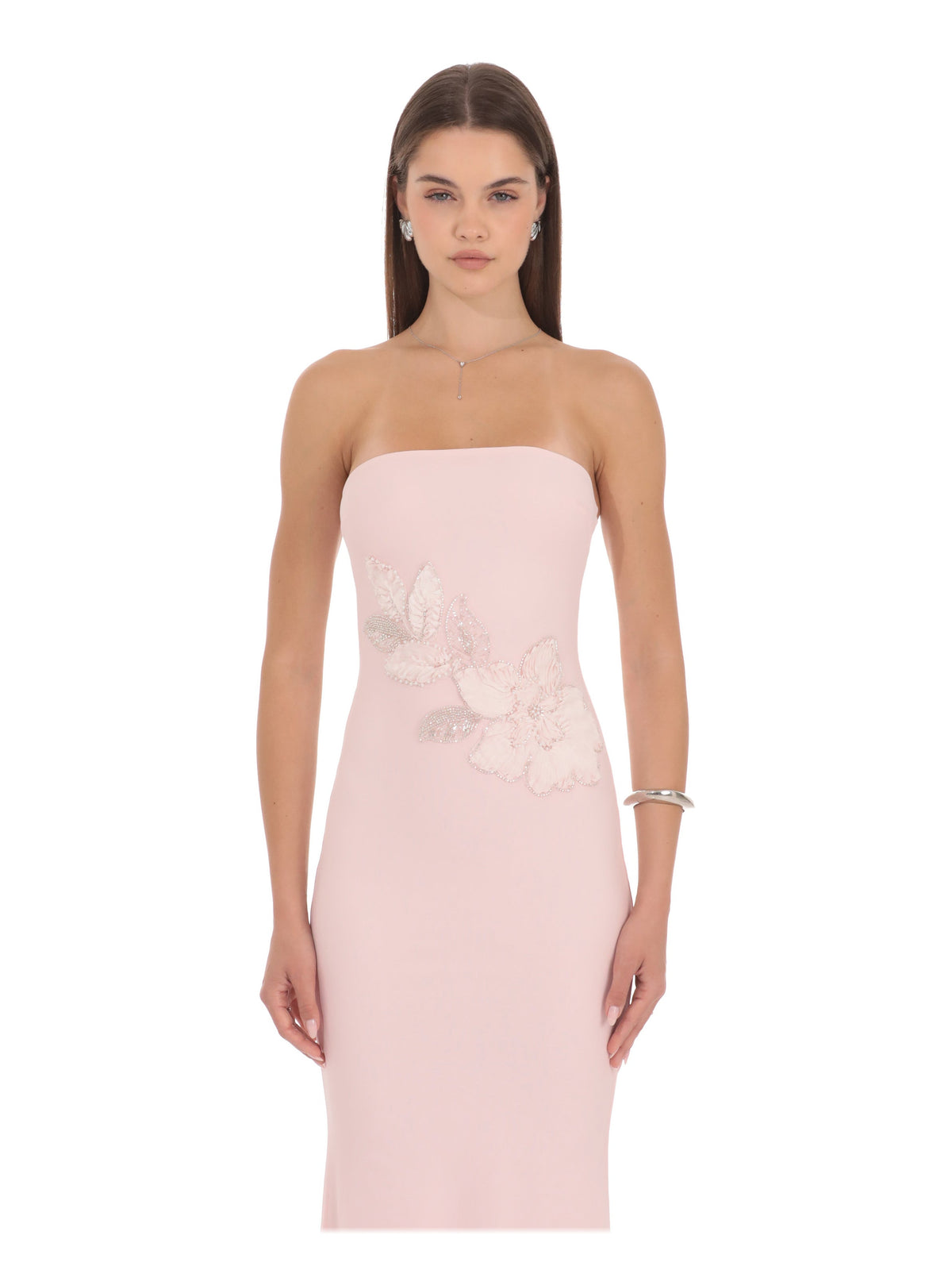 Blush Pink bridesmaid dress with structured woven fabric construction and maxi hem