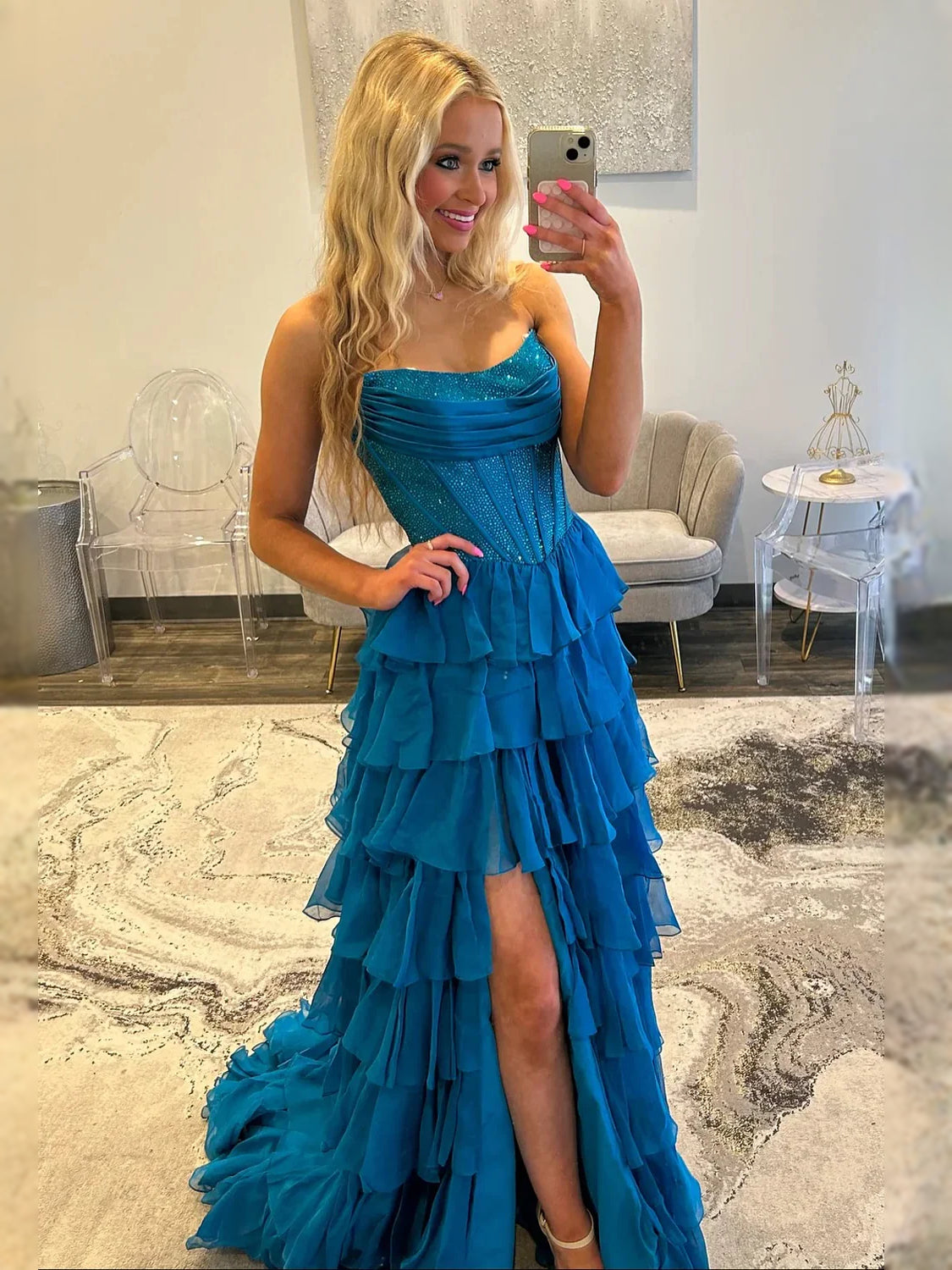 Teal-blue strapless mermaid prom dress with tiered ruffle skirt and side slit