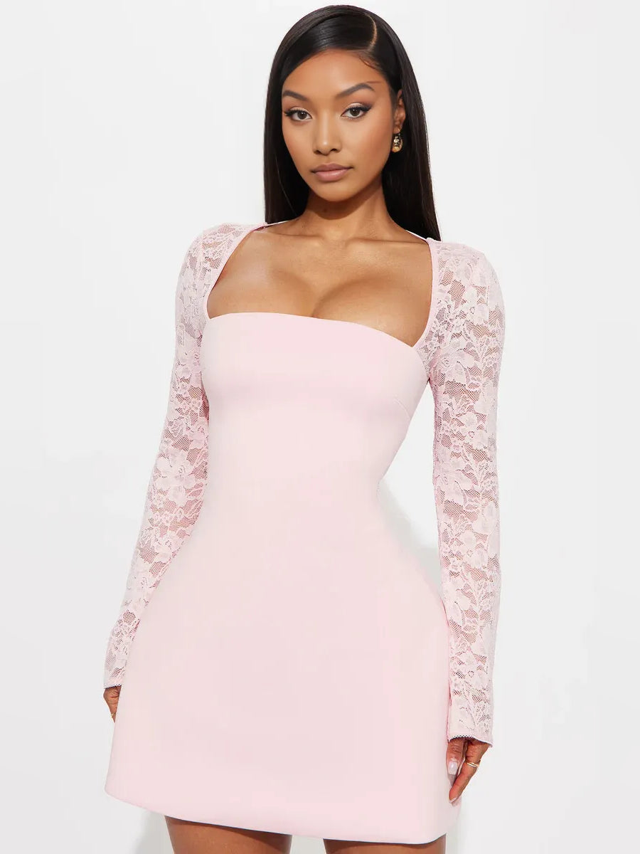 Blush pink square-neck bodycon mini dress with lace long sleeves