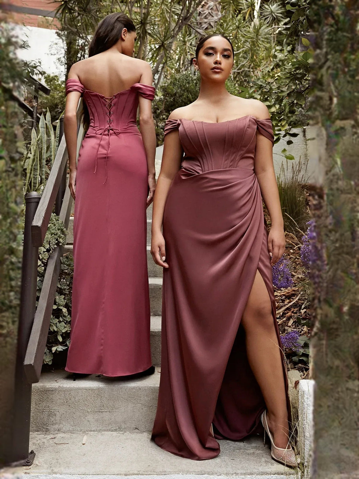 Rose off-shoulder corset pleated floor-length dress with open back and front slit