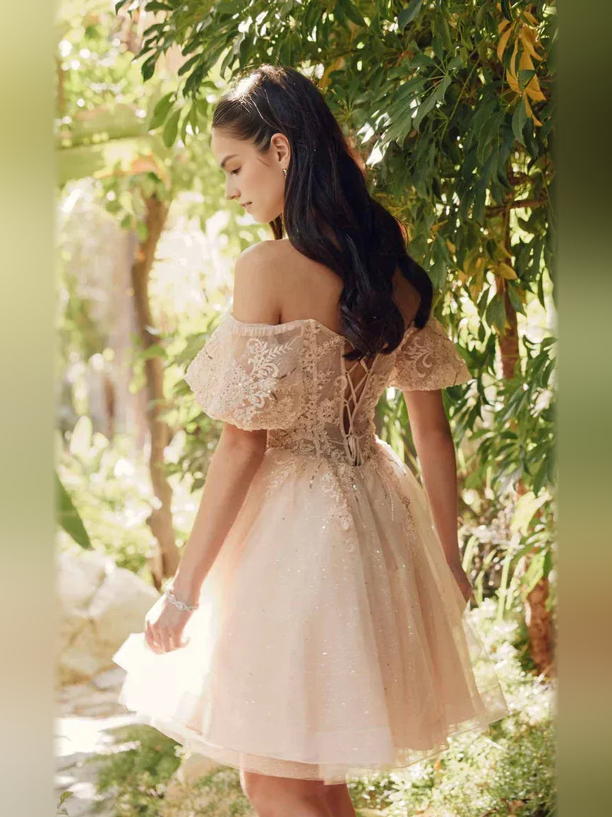 Champagne glitter A-line short dress with lace off-shoulder sleeves, back view