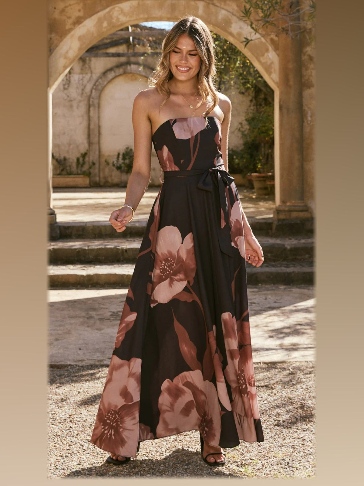 Black Wine Floral maxi formal dress, alternate full-length view showing the waistline