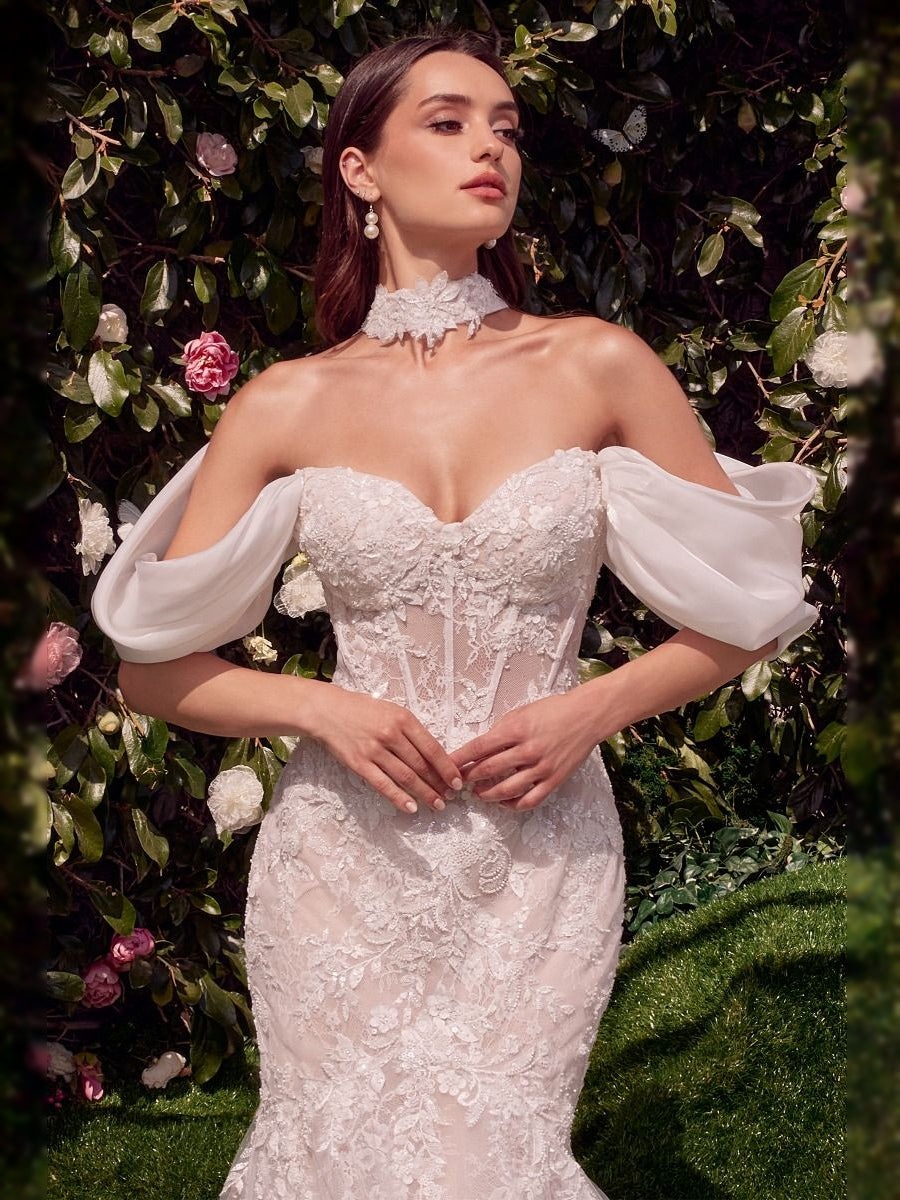 Ivory corset wedding dress with sweetheart neckline, floral lace bodice, off-shoulder sleeves