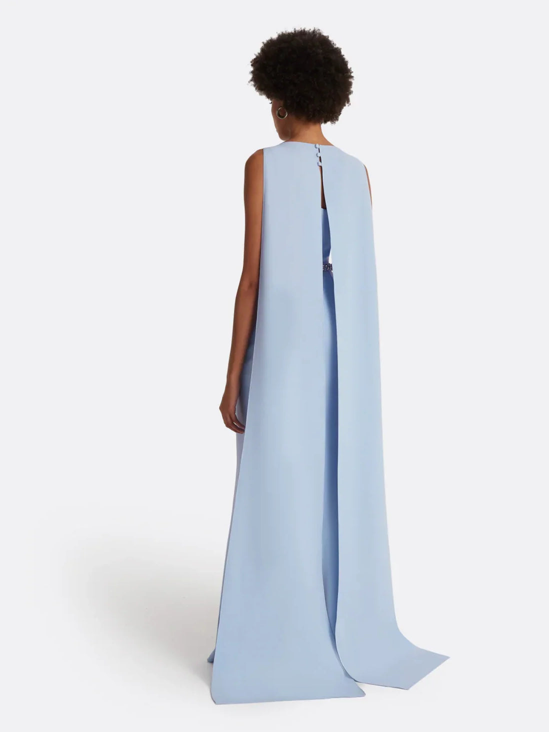 Light blue mermaid formal dress, sleeveless open-back with beaded trim, floor length