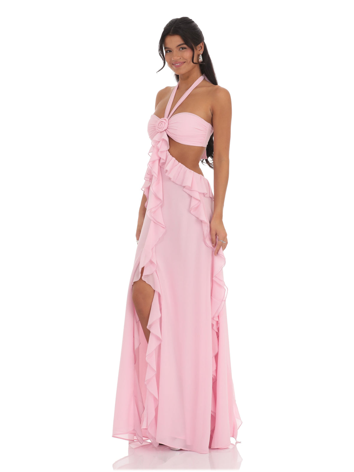 Pink bridesmaid dress with chiffon construction and maxi hem