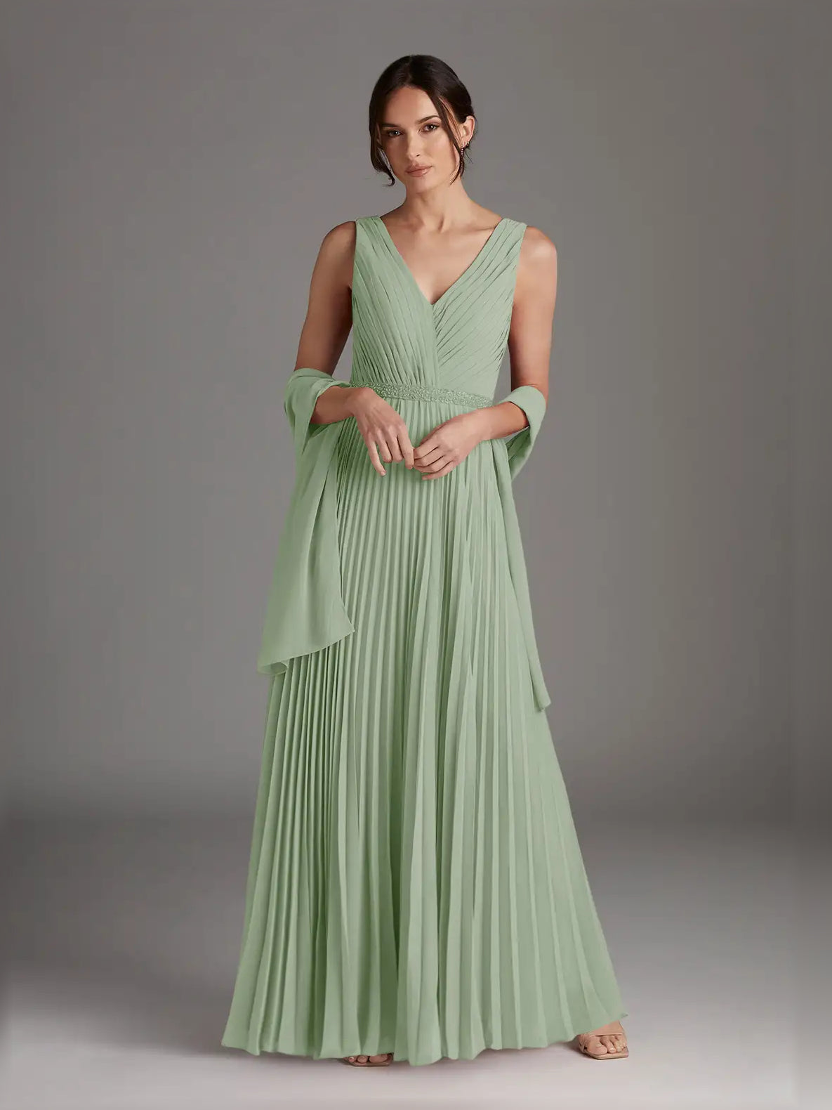 Dusty sage pleated chiffon maxi dress with V-neck and draped chiffon sleeves