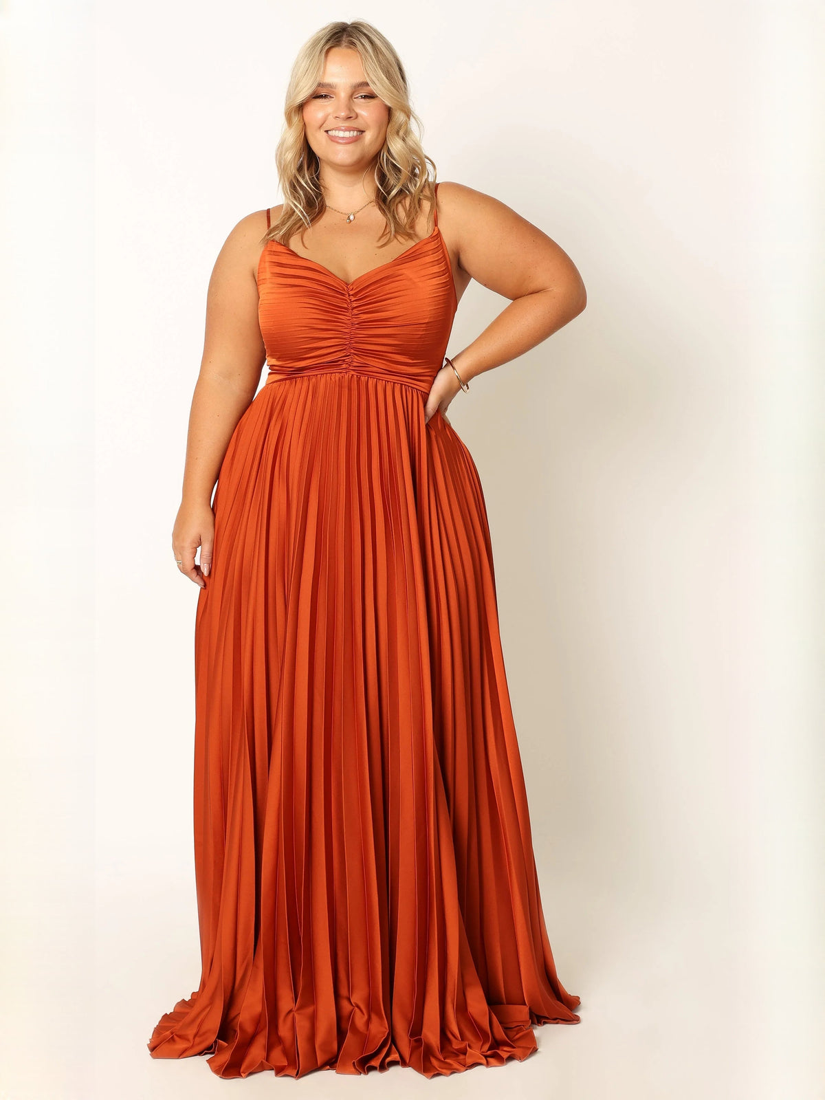 Orange V-neck spaghetti strap pleated maxi dress with ruched waist