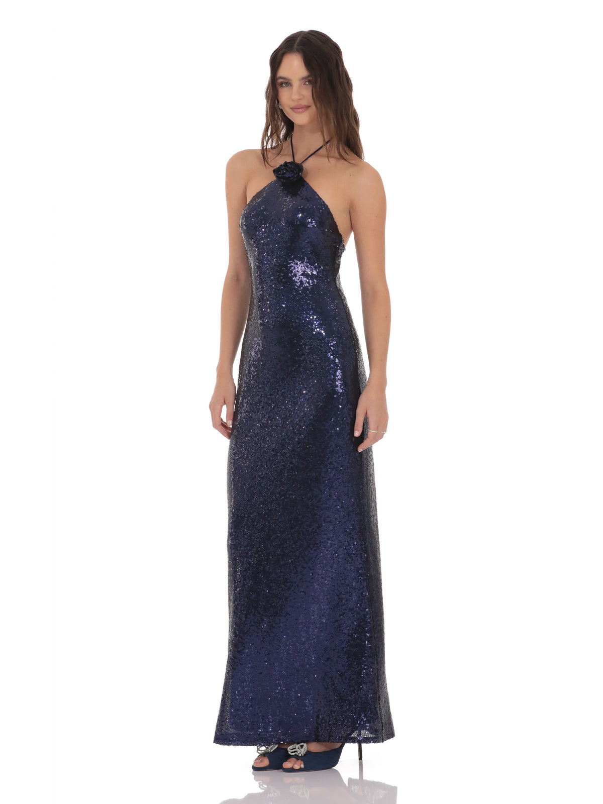 Navy bridesmaid dress with mesh construction and maxi hem