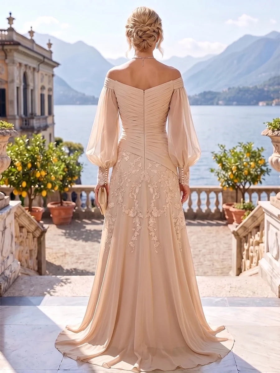 Dusty rose ruched mermaid dress back view with long sheer sleeves and floral lace overlay