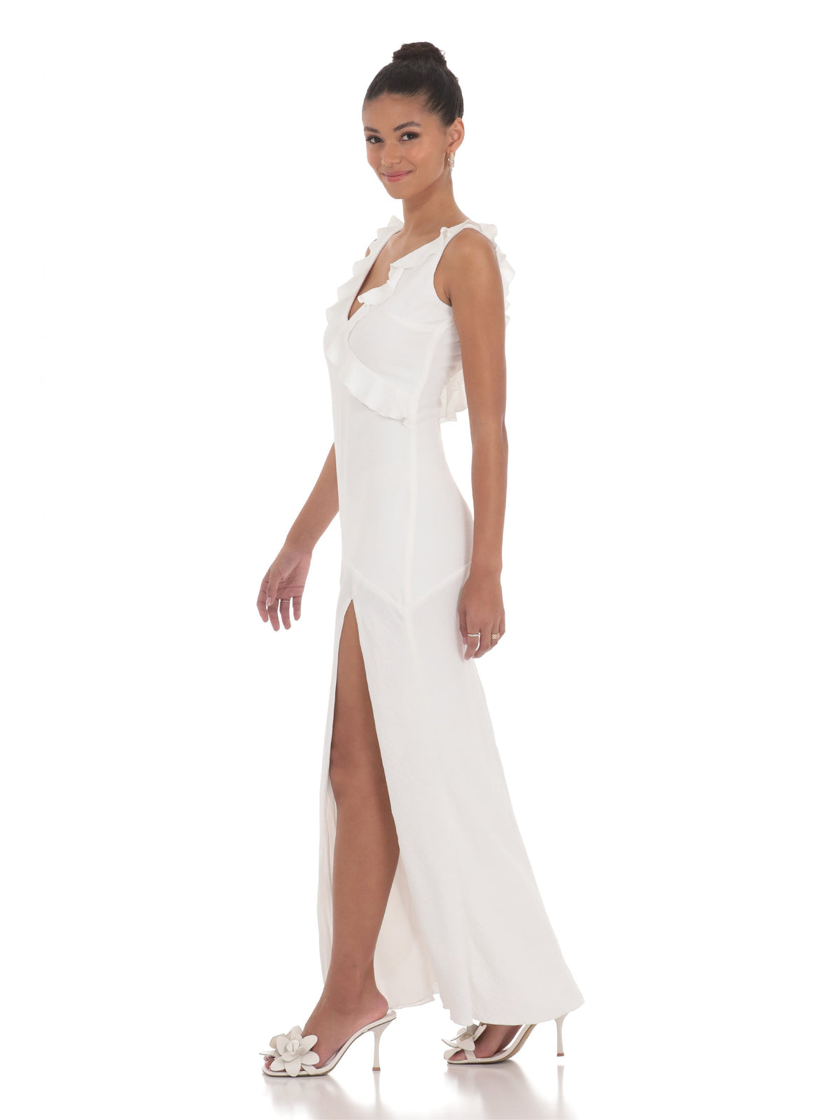 White bridesmaid dress with satin construction and maxi hem