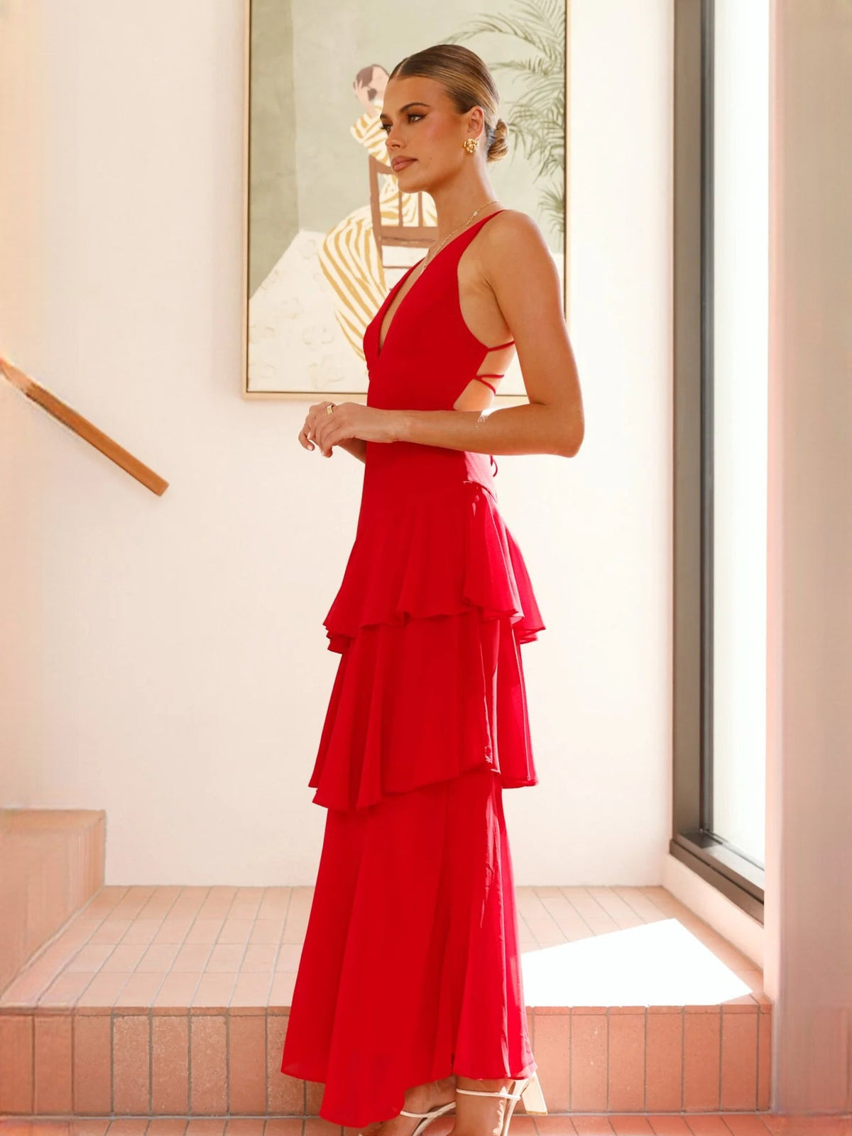 Red a-line maxi formal dress with tiered skirt, alternate full-length view