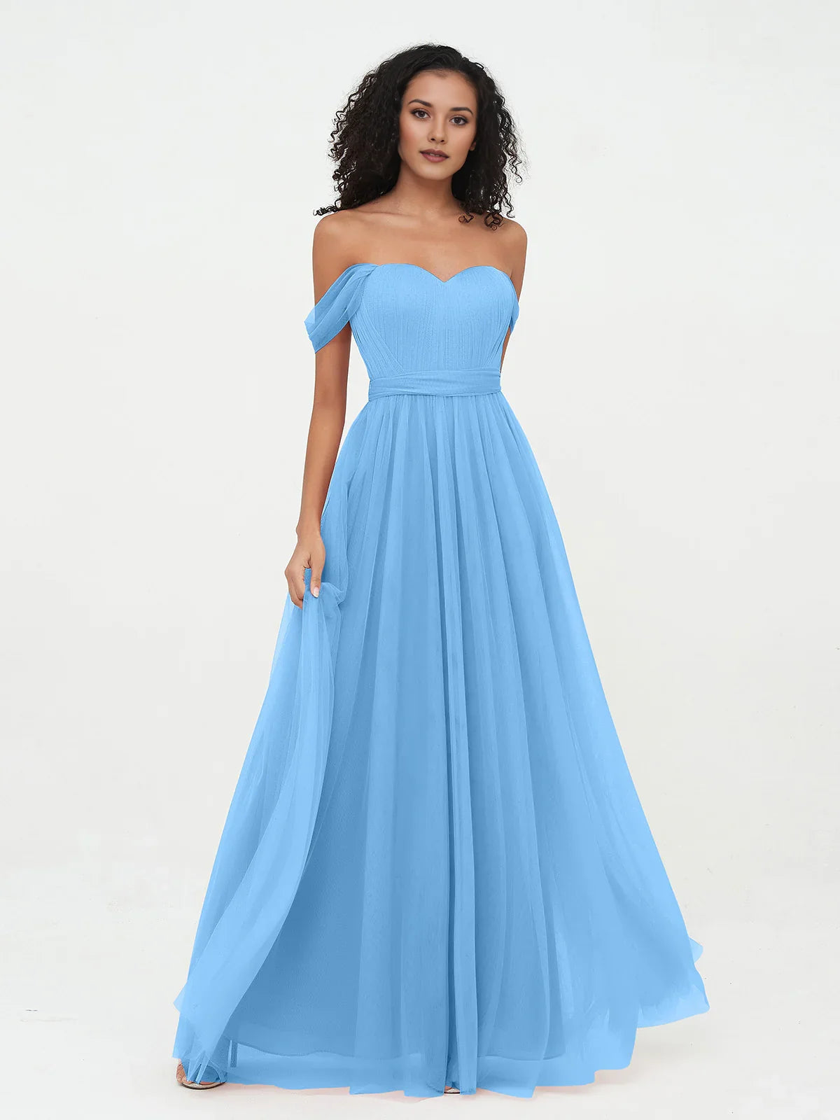 Light blue off-shoulder sweetheart A-line tulle dress with pleated skirt
