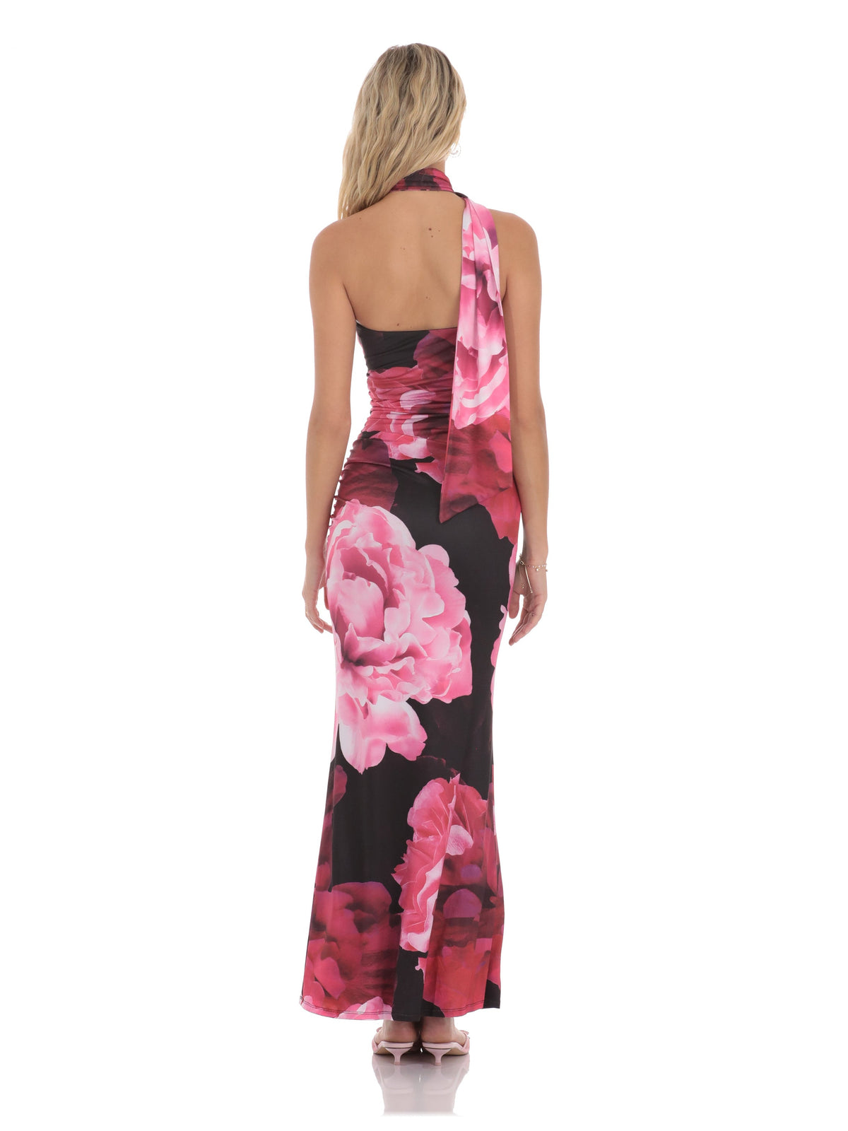Red And Black bridesmaid dress with structured woven fabric construction and maxi hem