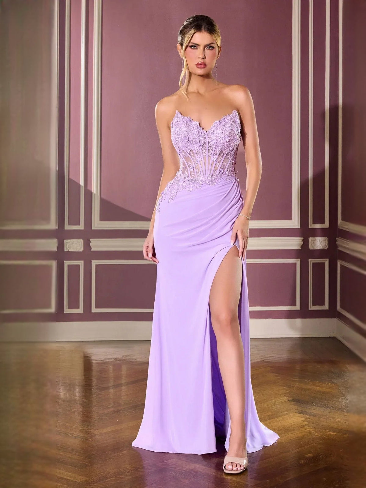 Lilac strapless chiffon mermaid formal dress with high slit and jeweled bodice