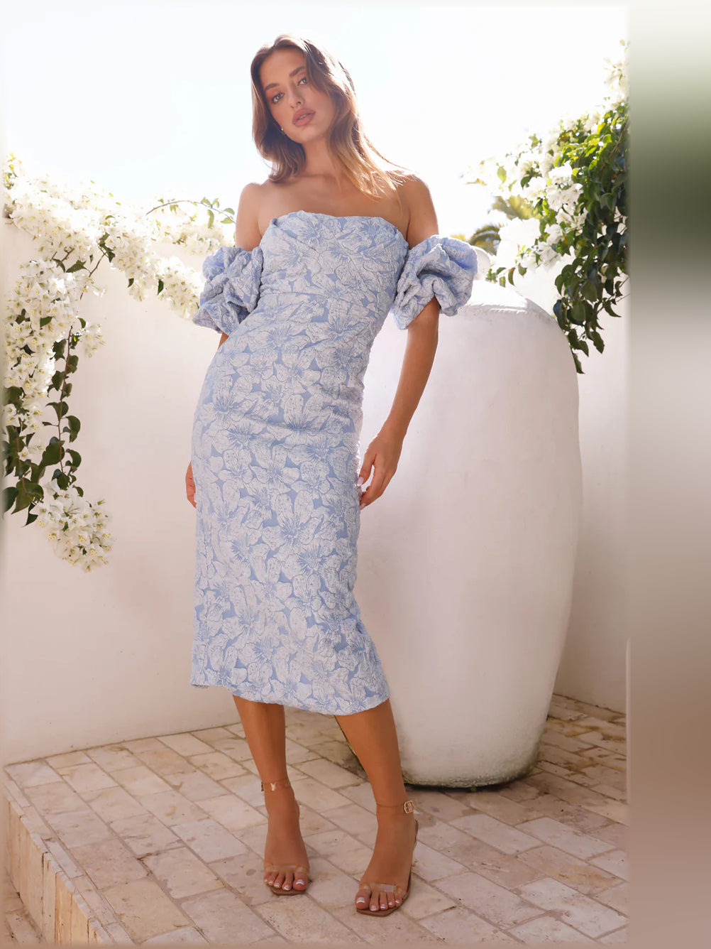 Light blue off-shoulder midi formal dress with puff sleeves and front slit