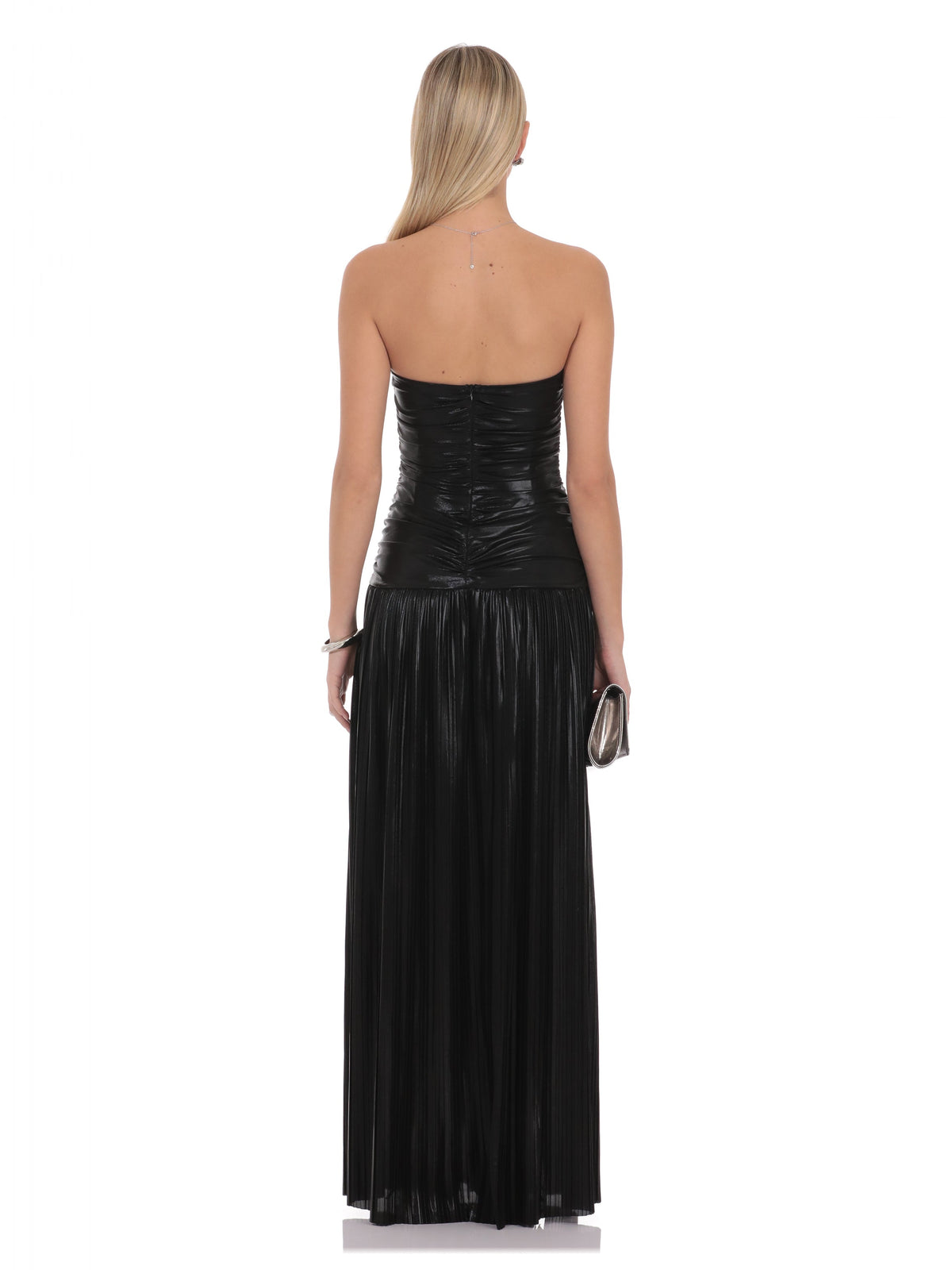 Black bridesmaid dress with chiffon construction and maxi hem