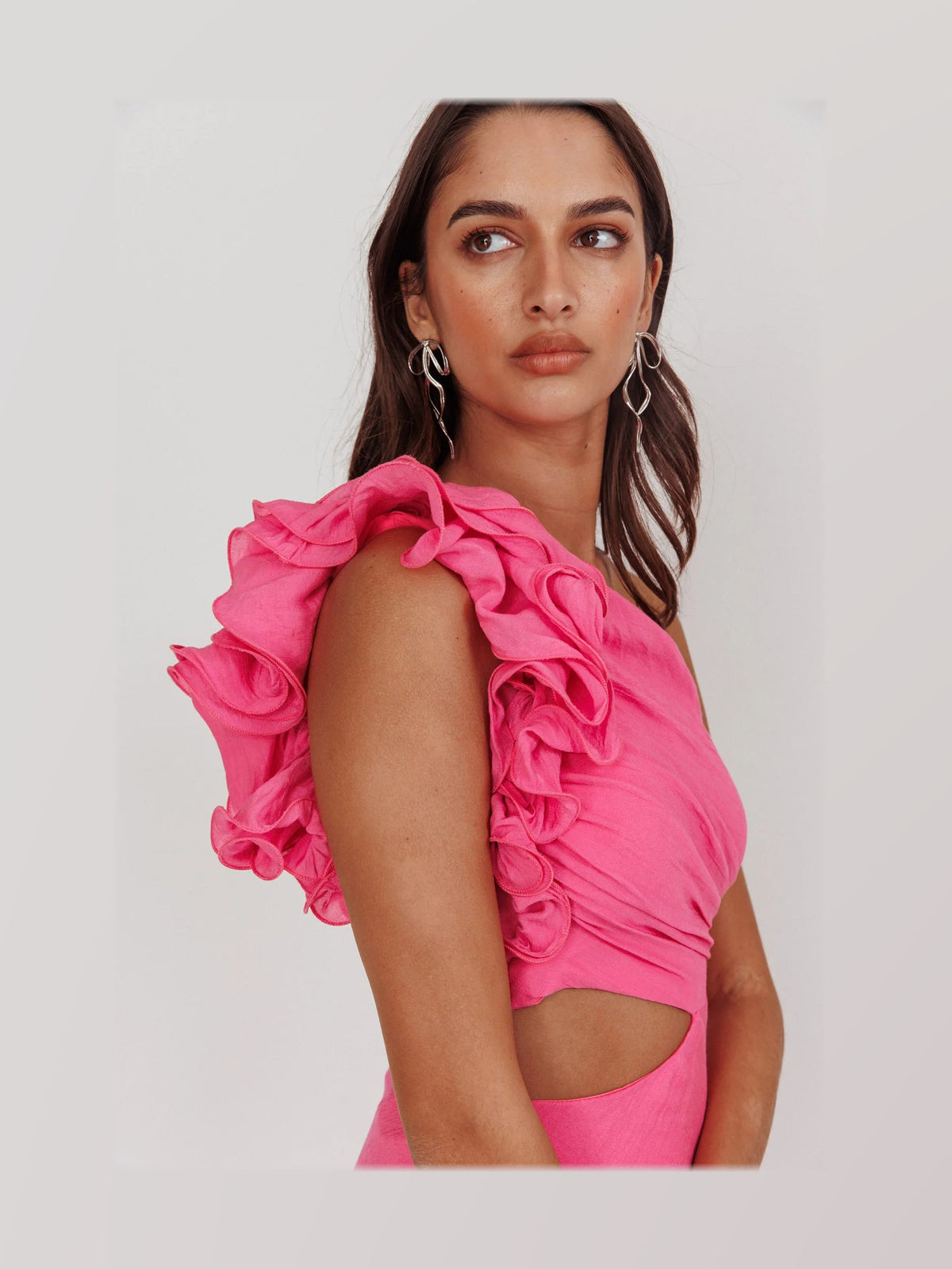 Hot Pink maxi formal dress, alternate full-length view showing the waistline