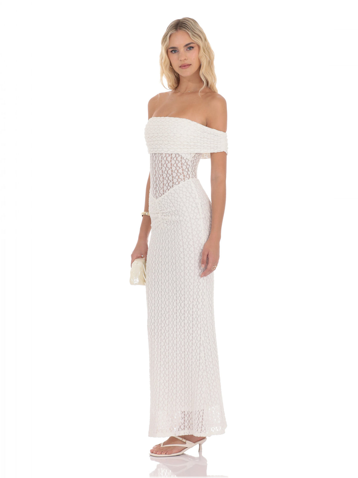 White bridesmaid dress with mesh construction and maxi hem