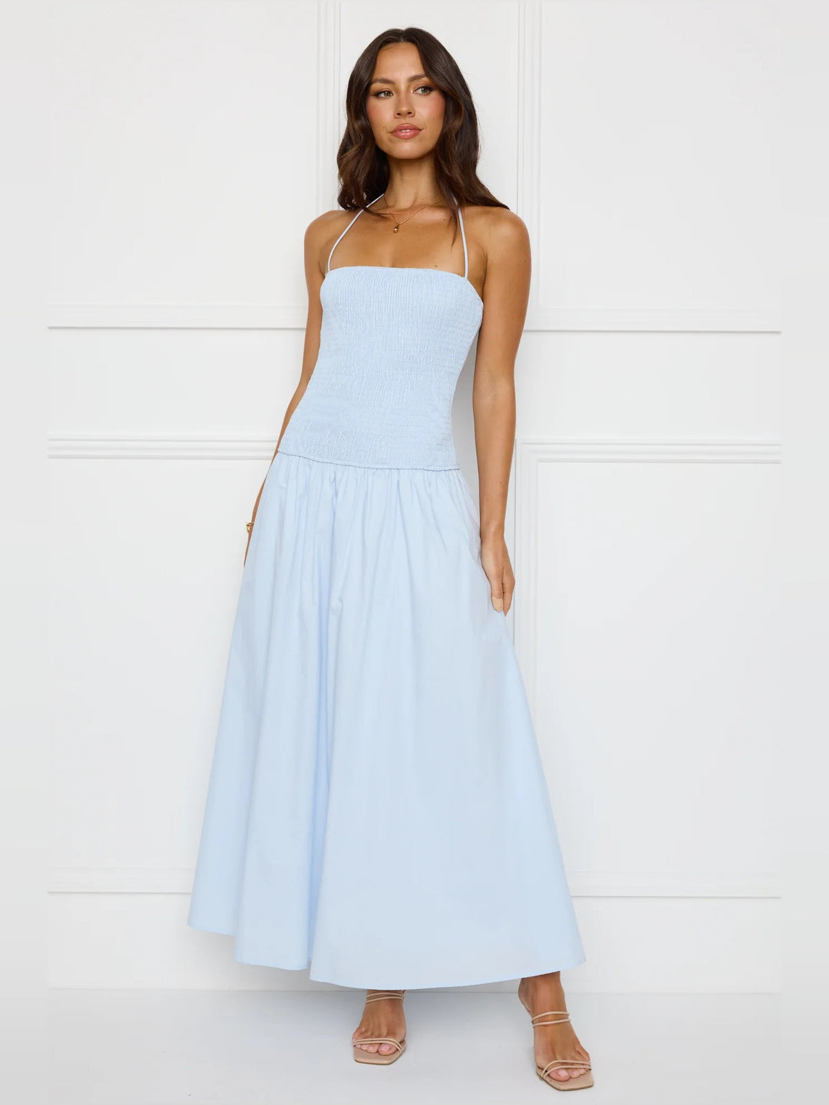 Blue a-line maxi formal dress with strapless neckline, alternate view