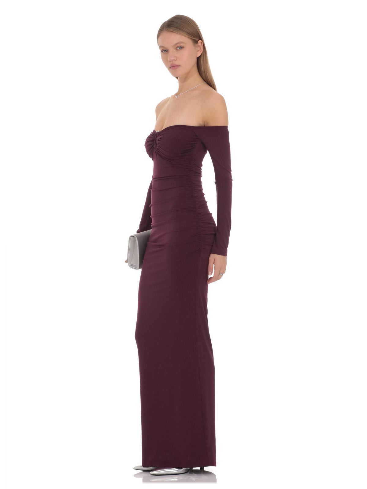 Burgundy bridesmaid dress with structured woven fabric construction and maxi hem