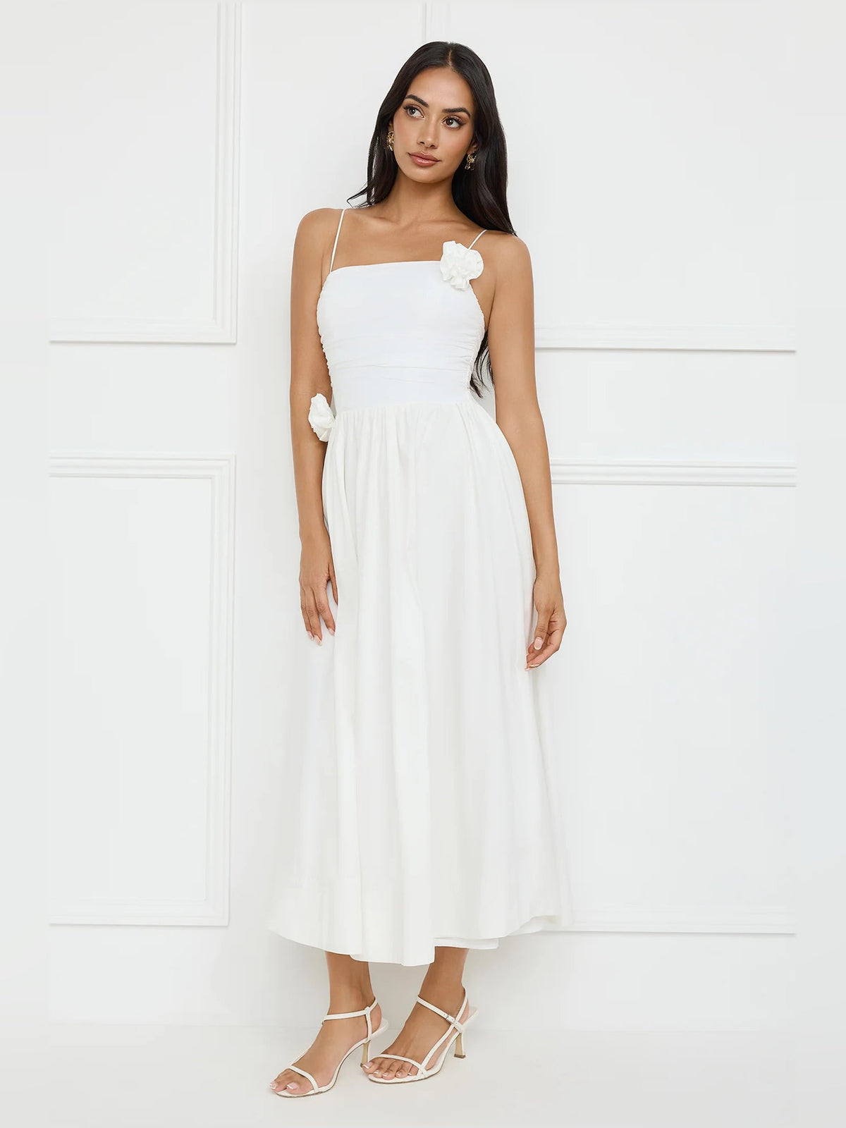 White a-line maxi formal dress with floral appliqué, alternate view