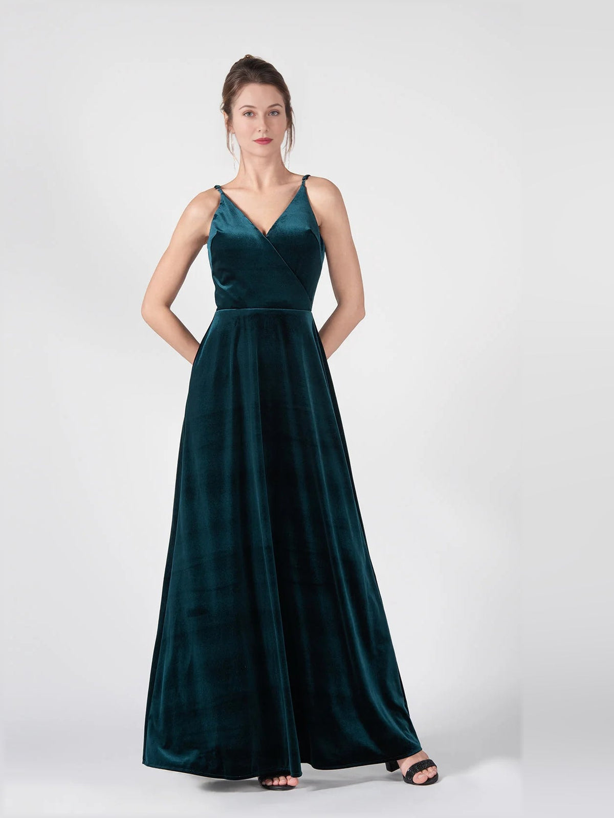 Dark green V-neck sleeveless A-line evening dress with floor-length hem