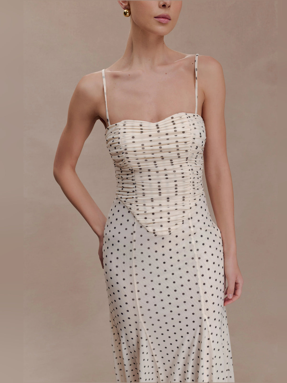Polka-dot mesh midi formal dress with ruched bodice and spaghetti straps