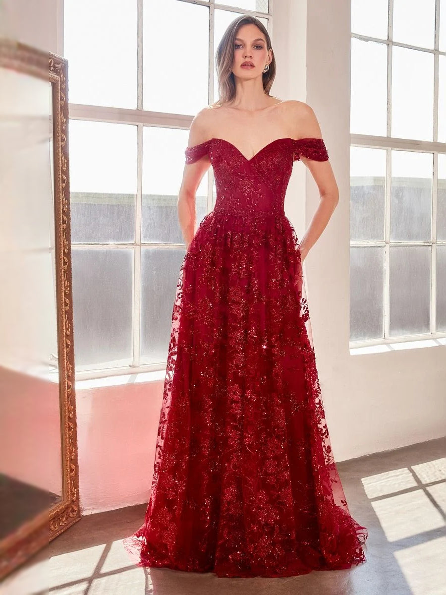 Burgundy red sequin floral off-shoulder sweetheart ball-gown prom dress, floor-length