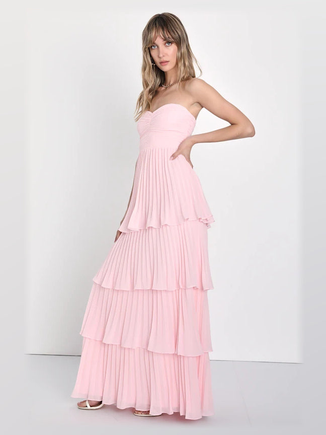 Light Pink formal dress with structured woven fabric construction and maxi hem