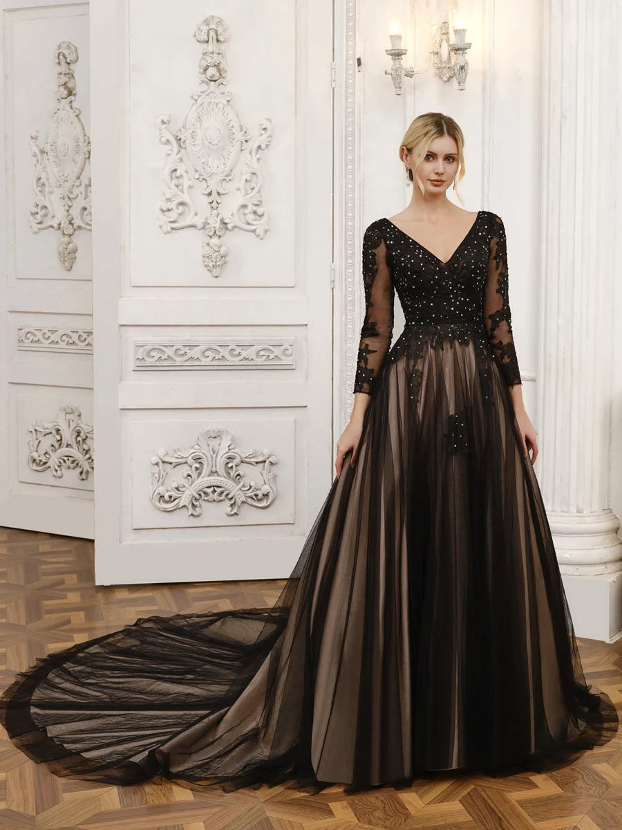 Black corset bodice V-neck tulle wedding dress with A-line skirt and long lace sleeves