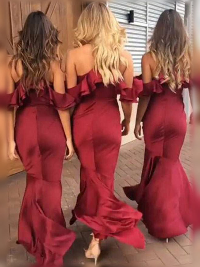 Burgundy V-neck mermaid bridesmaid dress, open-back style and flowing ruffled hem