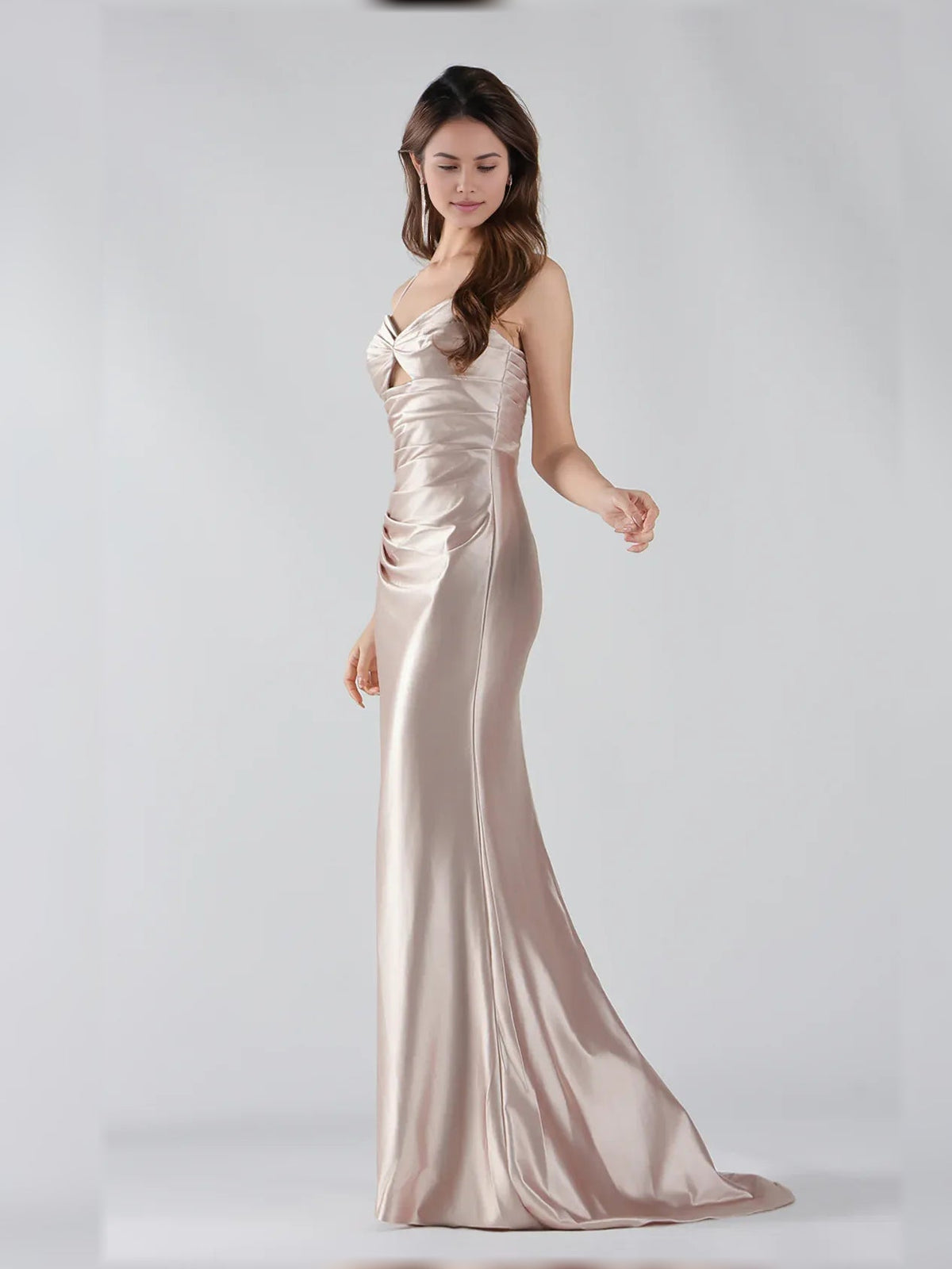 Taupe satin mermaid gown with sweetheart bodice, ruched detail, high front slit