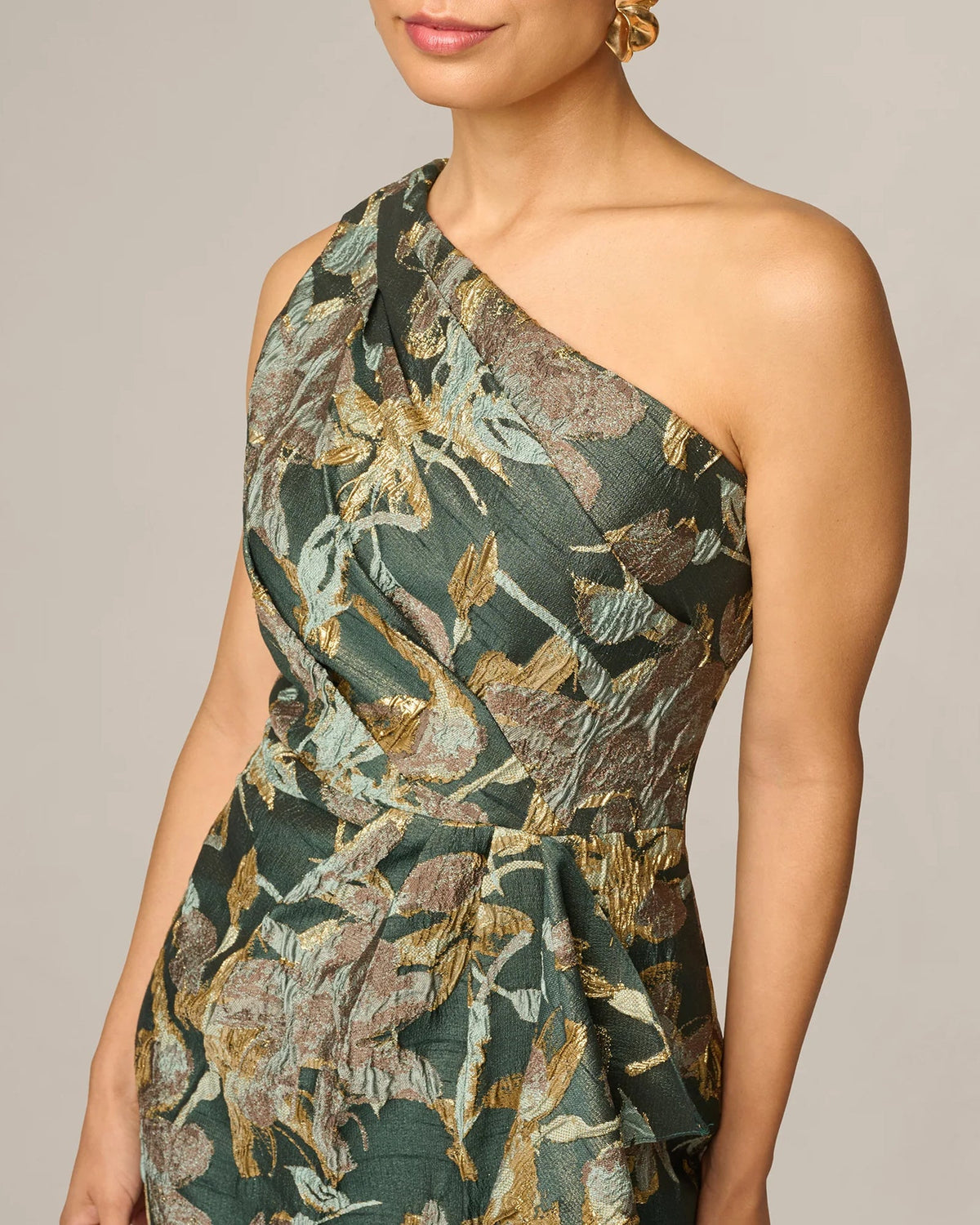 Draped one-shoulder bodice maxi dress in dark green with gold floral motif