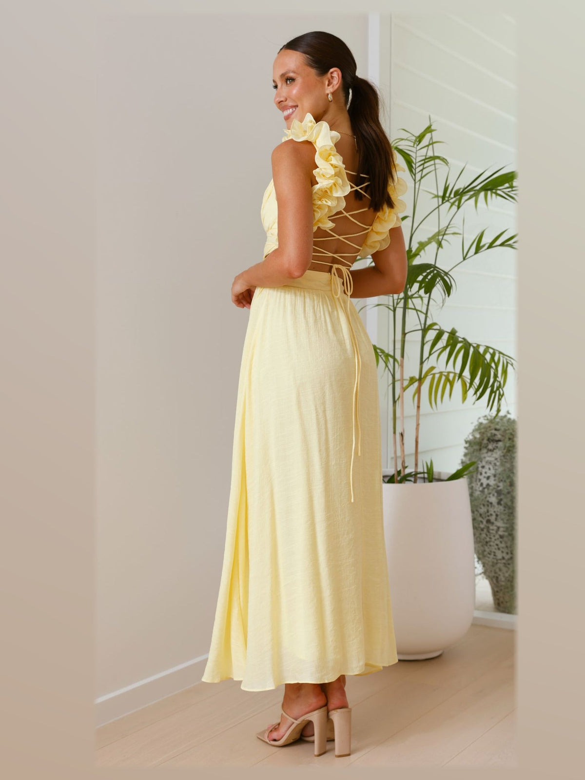 Yellow maxi formal dress, alternate full-length view showing the waistline