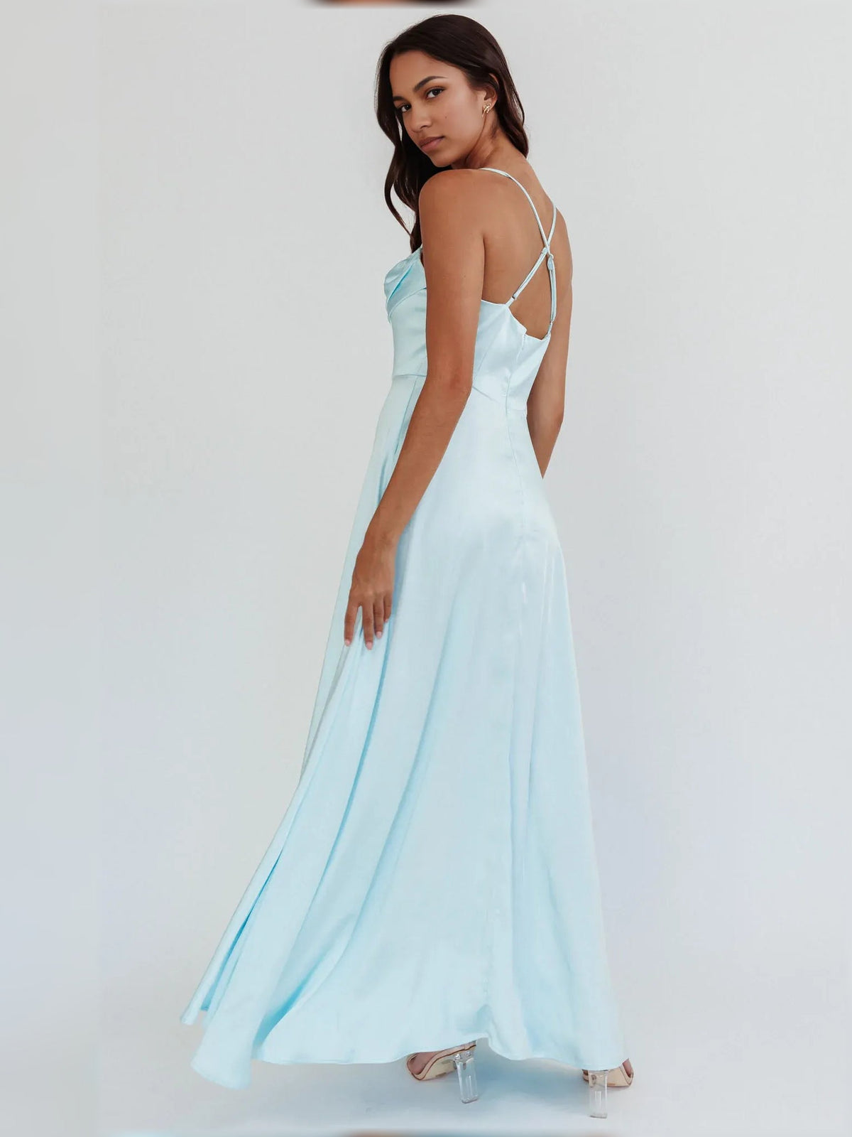 Sky blue cowl-neck formal dress, spaghetti straps, open-back look, side slit